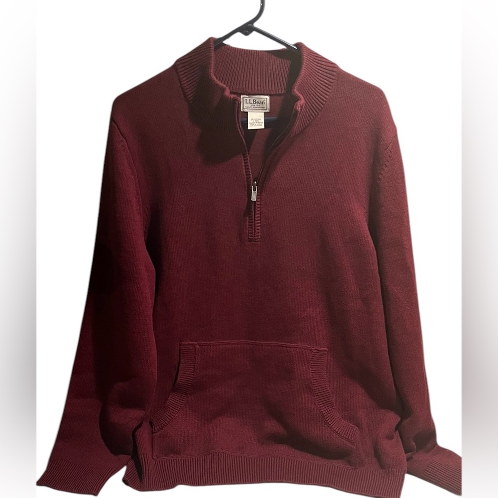 L.L. Bean Mens Burgundy‎ Cotton Quarter Zip Kangaroo Pocket Pullover Large